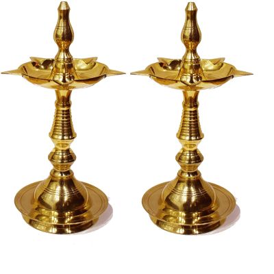 SATVIK 11 Inch Pure Brass Kerala Samai Puja Diwali Diya Traditional Kutthu Vilakku Oil lamp Pooja 1 Step Engraved Design Adjustable Deepak Pooja Article Pack of 2
