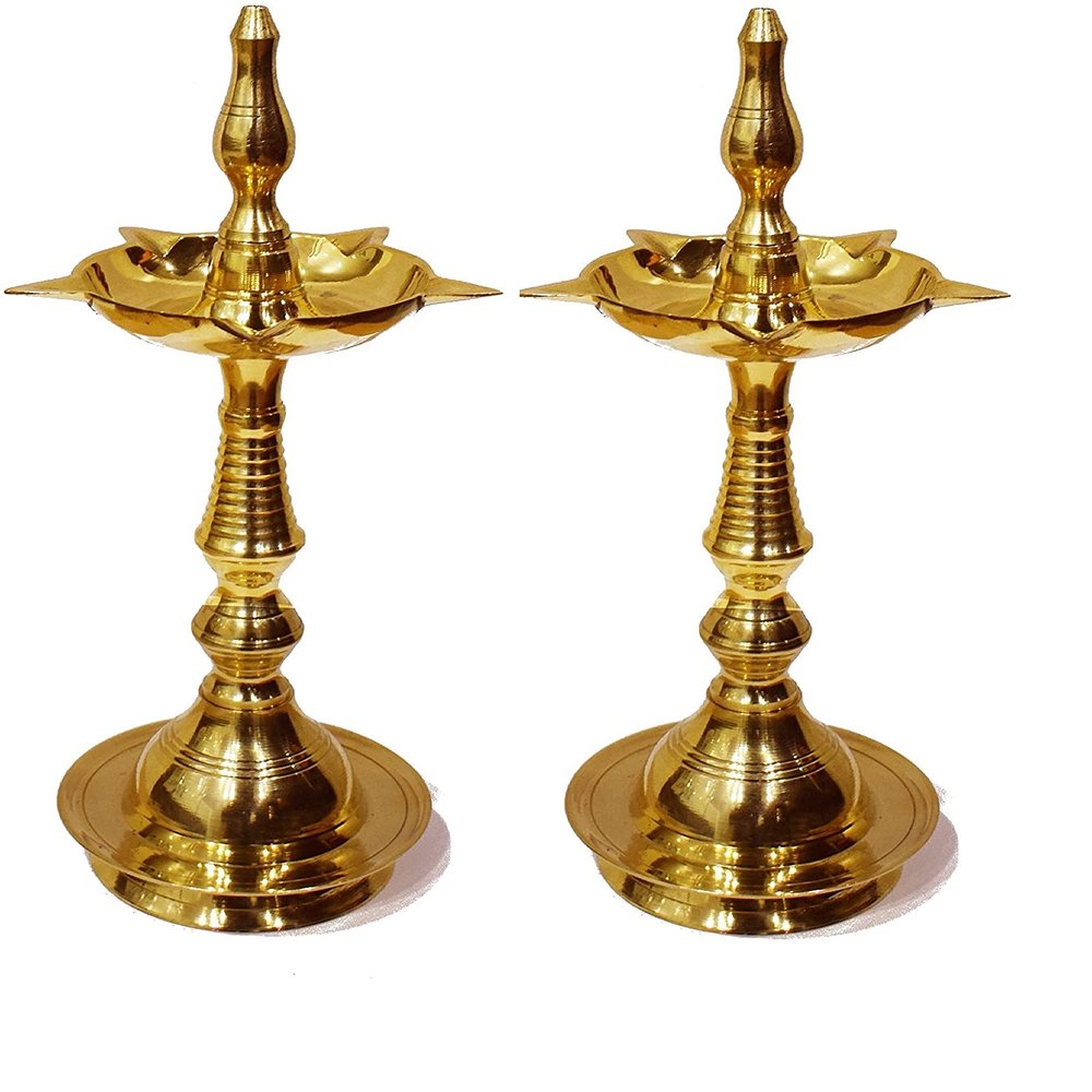 SATVIK 11 Inch Pure Brass Kerala Samai Puja Diwali Diya Traditional Kutthu Vilakku Oil lamp Pooja 1 Step Engraved Design Adjustable Deepak Pooja Article Pack of 2