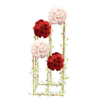 4 Tier Wedding Flower Rack Metal Vase Column Stand, 4 Layers Gold Frame Geometric Vase Column Stand Metal Flower Stands Holders Flower Display Rack, Rectangular Frame for Wedding Party Decoration