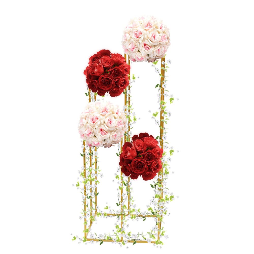 4 Tier Wedding Flower Rack Metal Vase Column Stand, 4 Layers Gold Frame Geometric Vase Column Stand Metal Flower Stands Holders Flower Display Rack, Rectangular Frame for Wedding Party Decoration
