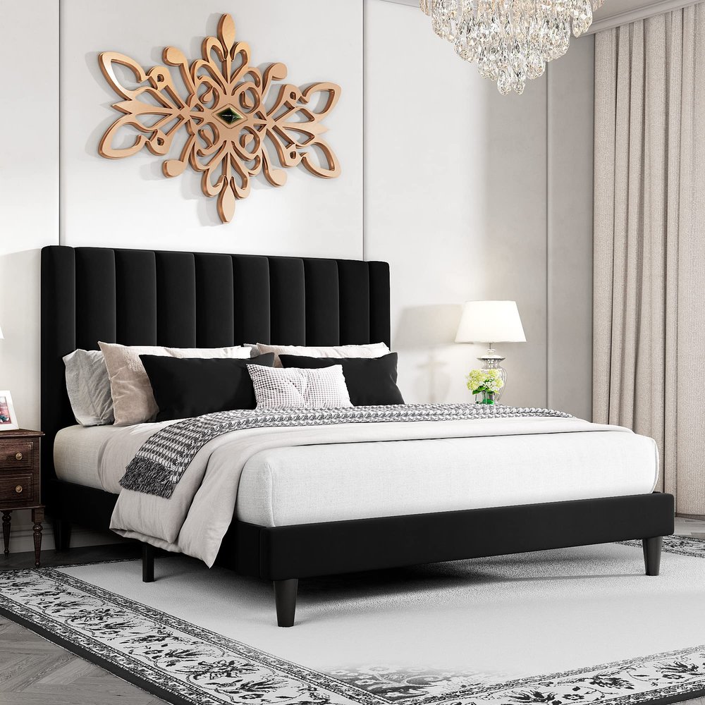 HOOMIC Queen Size Platform Bed Frame with Velvet Upholstered Plush Vertical Channel Headboard, No Box Spring Needed, Easy Assembly,Black
