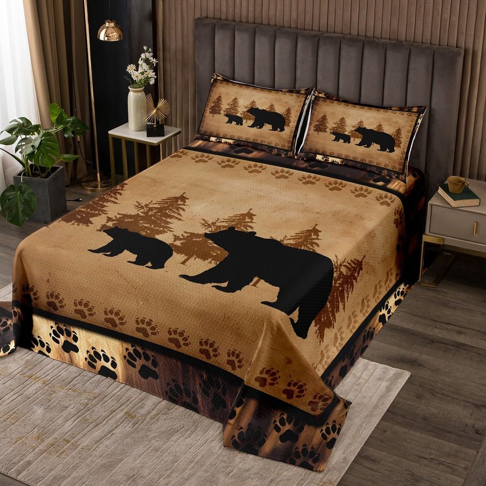 Bear Bedspread for Kids Boys Girls Farmhouse Wild Animal Bedding Set Retro Bear Family Quilted Coverlet Brown Bear Paws Bedroom Decor Coverlet Set King Size Quilted Set 3Pcs