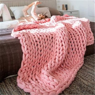 XWCG Chunky Knit Hand-Knitted Blanket Super Soft Hand Knit Wool Blanket Warm and Cosy Throw Blanket Fashion Sofa Blanket Yoga Mat Rug Home Decor Gift,Pink,120 * 150cm