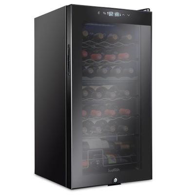Ivation 28 Bottle Dual Zone Compressor Wine Cooler Refrigerator w/Lock | Large Freestanding Wine Cellar For Red, White, Champagne Wine | 41f-64f Digital Temperature Control Fridge Glass Door Black