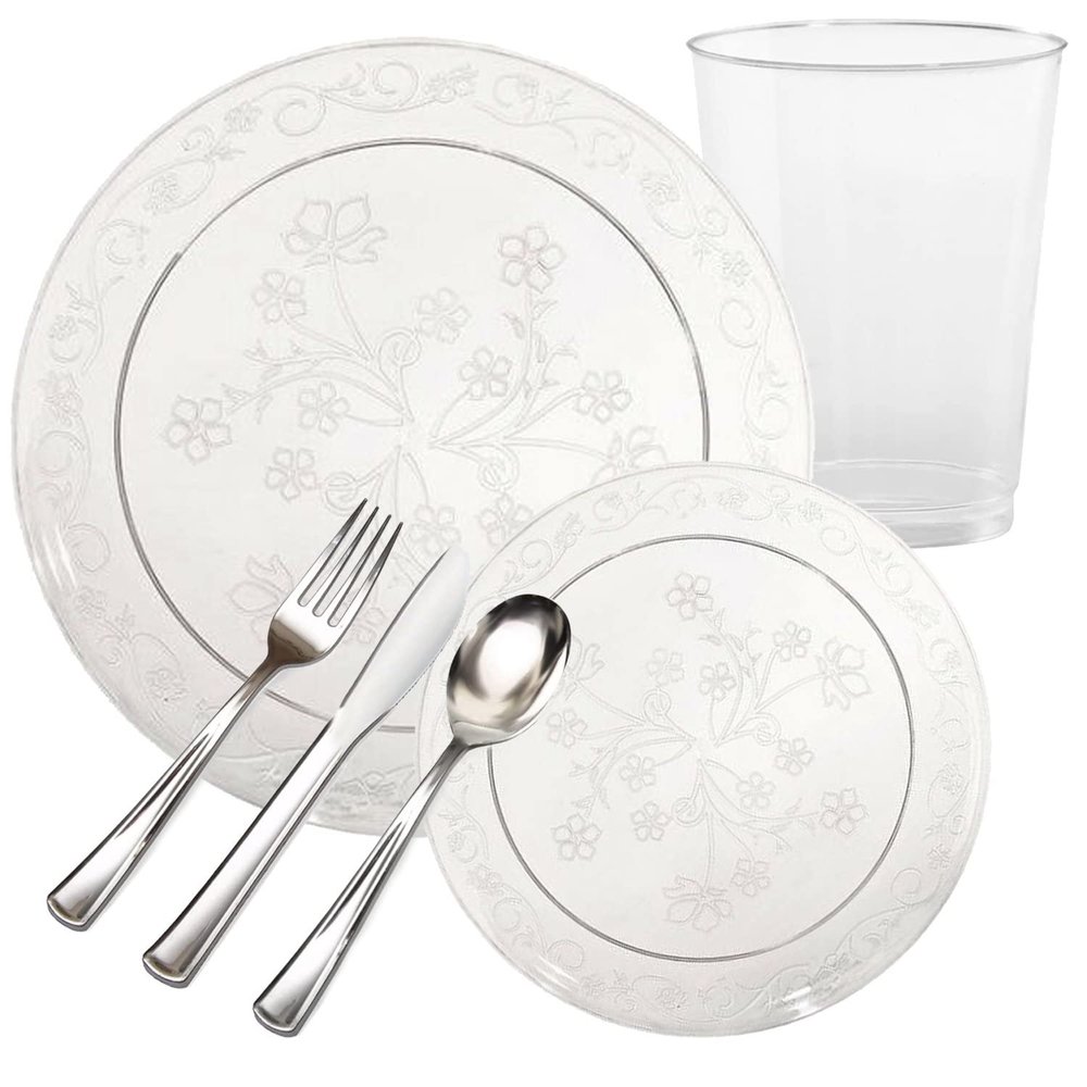 Elegant Disposable Plastic Dinnerware Wedding Party Package Set (D'Vine Clear, 20 Person Serving)