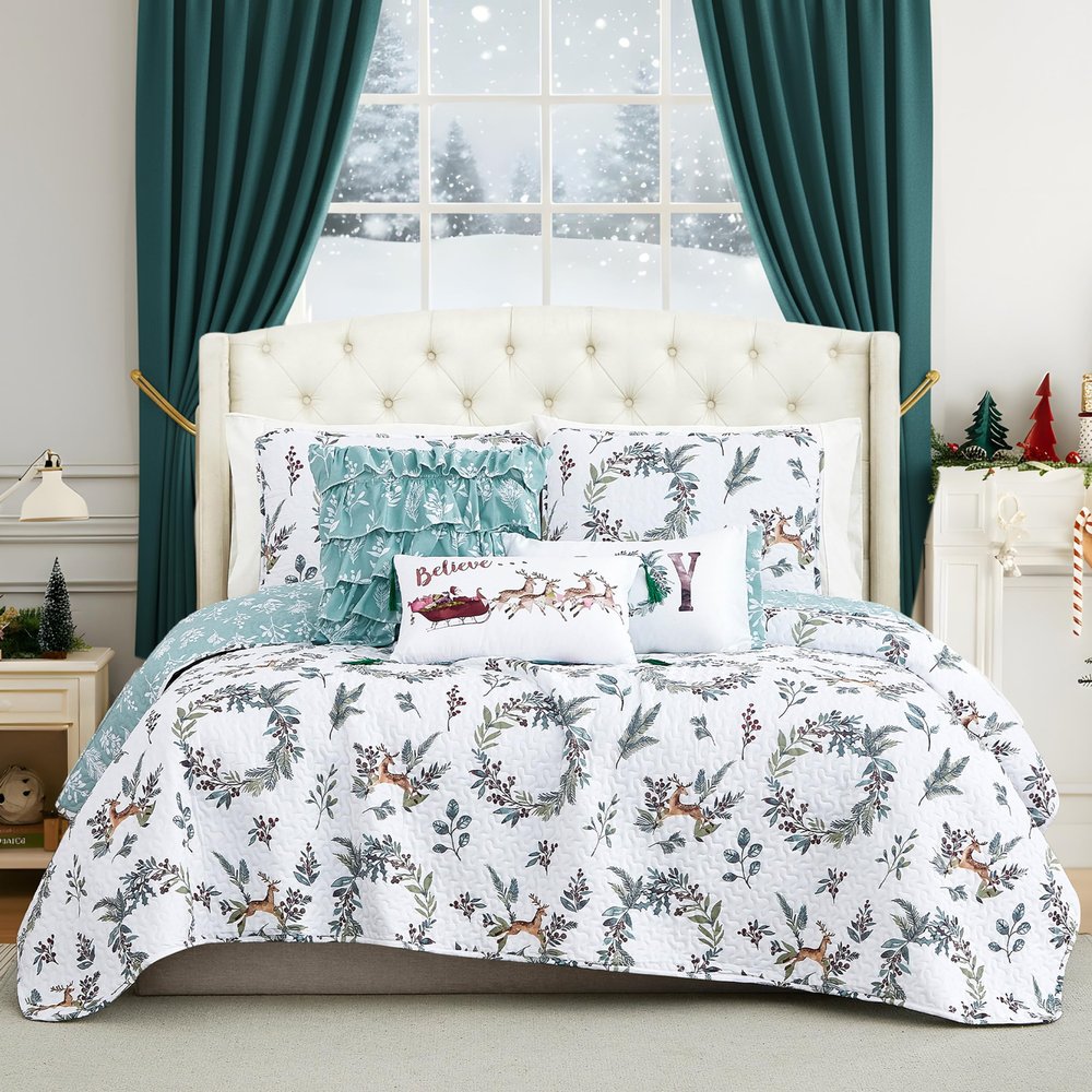 Southshore Fine Living, Inc. Christmas Quilt Set, Queen/Full Size 6-Piece Holiday Bedding Set w/Shams & Throw Pillows; Reversible Happy Holidays Snowflake Print Over Christmas Trees & Reindeer
