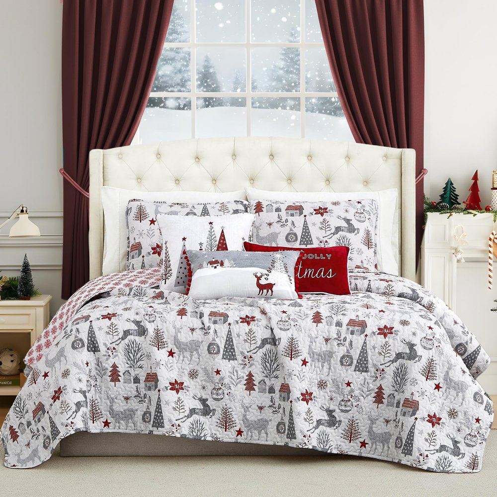 Southshore Fine Living, Inc. Holly Jolly Christmas Quilt Set with Holiday Throw Pillows and Shams, Soft Holiday Bedding Set for Queen/Full Size Bed, 6-Piece w/Christmas Tree & Reindeer, Red & White