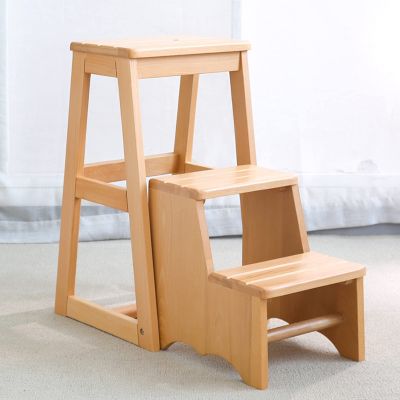 Solid Wood 3-Step Ladder Stool, Portable Wooden Step Stool, Multifunctional Foldable Ladder Chair for Home Kitchen Library -150kg
