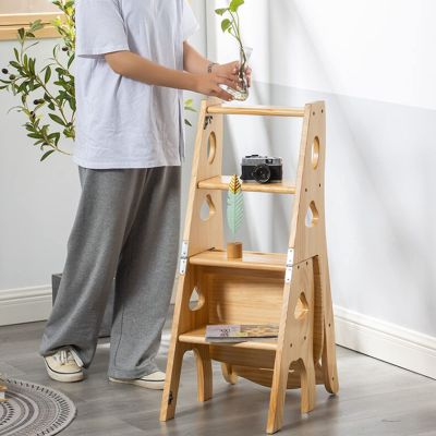 LHYZF Solid Wood Ladder Folding 4 Steps Stools, Multifunctional Portable Ladders Stool Indoor Stepladder Shoe Bench/Flower Rack Stairs Chair