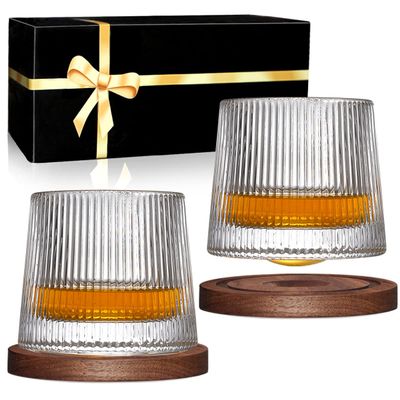 BOLESTA Whiskey Glasses Set of 2, Rotatable Tumbler Crystal Glass Cups, Drinking Glasses with 2Pcs Creative Walnut Coasters and Gift Box - for Scotch,Bourbon,Cocktails