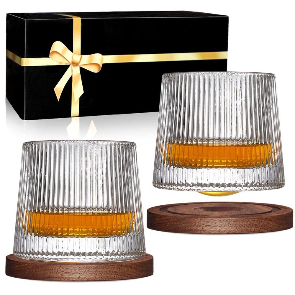 BOLESTA Whiskey Glasses Set of 2, Rotatable Tumbler Crystal Glass Cups, Drinking Glasses with 2Pcs Creative Walnut Coasters and Gift Box - for Scotch,Bourbon,Cocktails