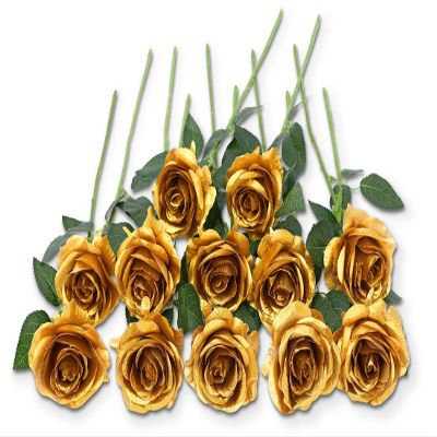 12 PCS Artificial Flowers Gold Roses Fake Silk Flower Long Stem Artificial Roses for Home Wendding Bathroom Party Decorations (Gold)