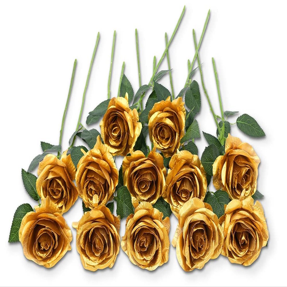12 PCS Artificial Flowers Gold Roses Fake Silk Flower Long Stem Artificial Roses for Home Wendding Bathroom Party Decorations (Gold)