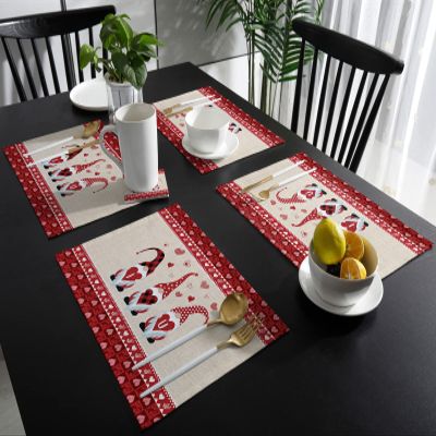 Valentines Munchkin Placemats for Dinning Table Set of 4,Red Pink Love Plaid Rustic Burlap Burlap Kitchen Place Mats Waterproof Cloth Table Mats,Indoor Outdoor Placemats Easy Clean Dinner Decor 13x19