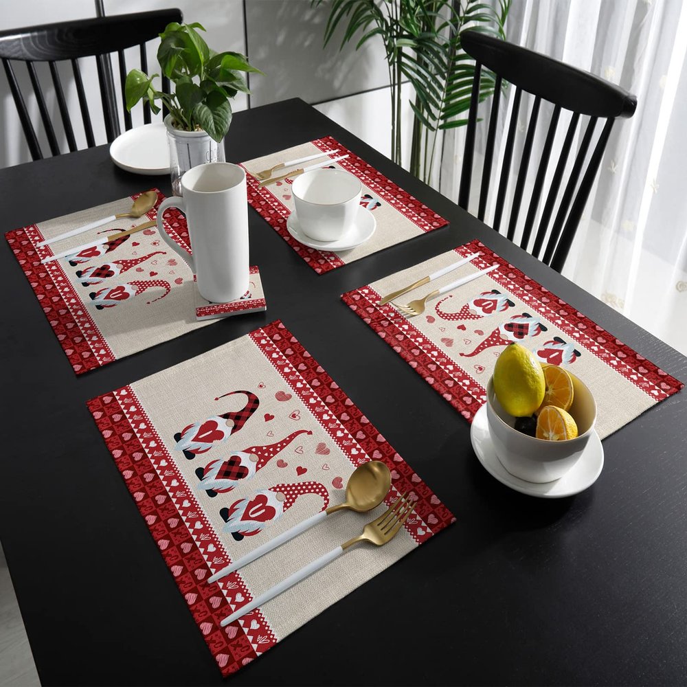 Valentines Munchkin Placemats for Dinning Table Set of 4,Red Pink Love Plaid Rustic Burlap Burlap Kitchen Place Mats Waterproof Cloth Table Mats,Indoor Outdoor Placemats Easy Clean Dinner Decor 13x19