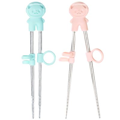 2 Pairs training chopsticks Learning Chopstick Helper Reusable Stainless Steel for Beginner Chopsticks Pink & Blue