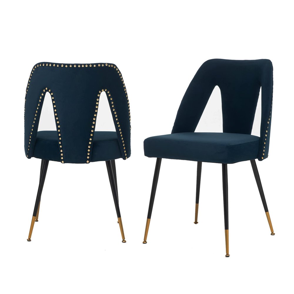 Aoowow Modern Dining Chairs Set of 2, Velvet Upholstered Side Chairs with Nailheads and Gold Tipped Black Metal Legs,Blue (Blue)