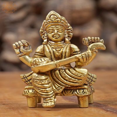 2" Devi Saraswati Seated on chowki - Small Size in Brass | Handmade | Made in India - Brass Statue