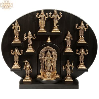 21" Circular Dashavatara Panel in Brass | Handmade | Made in India - Brass Statue with Wood