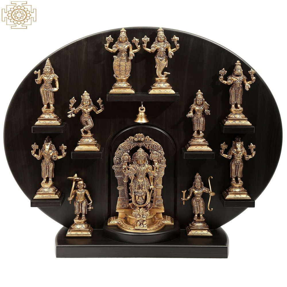 21" Circular Dashavatara Panel in Brass | Handmade | Made in India - Brass Statue with Wood