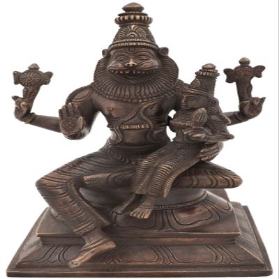 9" Lord Narasimha with Goddess Lakshmi in Brass | Handmade | Made in India - Brass - Color Antique