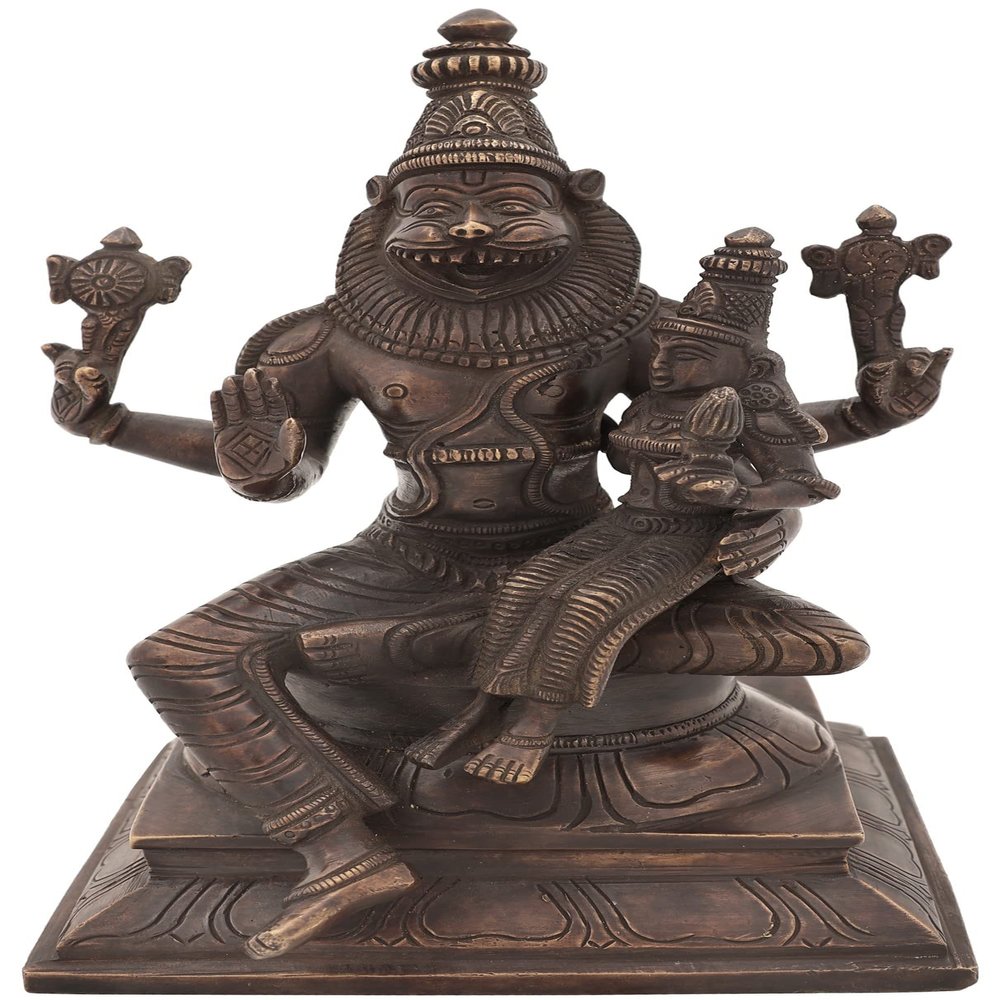 9" Lord Narasimha with Goddess Lakshmi in Brass | Handmade | Made in India - Brass - Color Antique