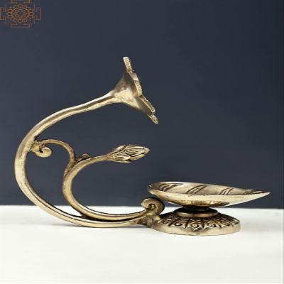Exotic India 6" Handmade Brass Diya Shape Like a Leaf - Brass