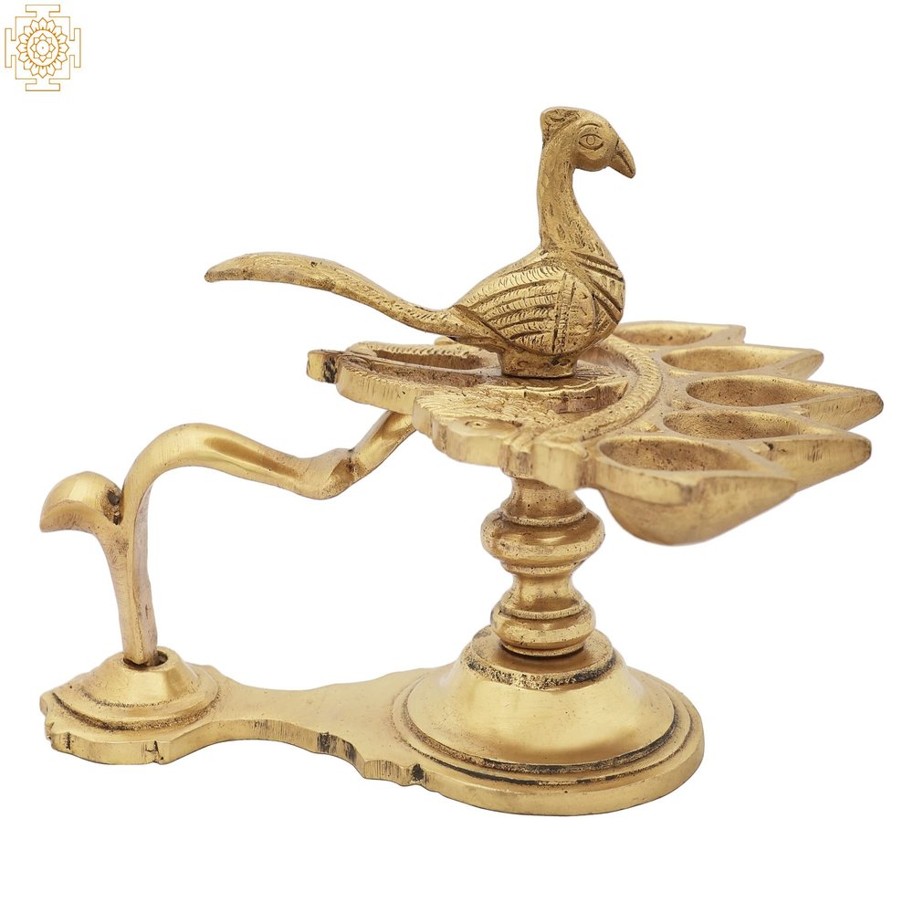 5" Five Wicks Peacock Lamp in Brass | Handmade | Made in India - Brass