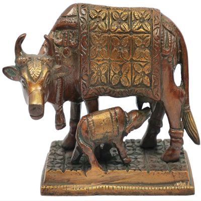3" Holy Mother Cow with Her Calf in Brass | Handmade | Made in India - Brass