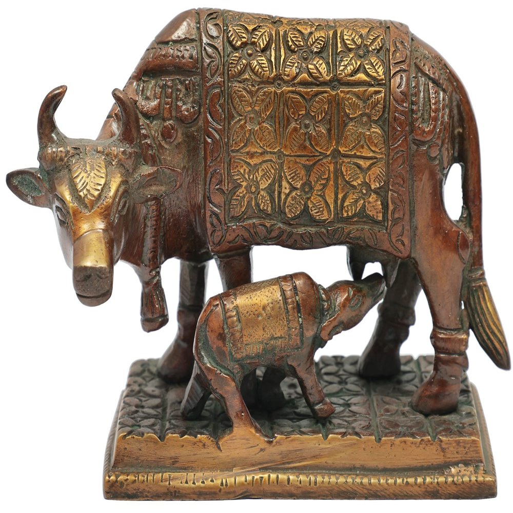 3" Holy Mother Cow with Her Calf in Brass | Handmade | Made in India - Brass