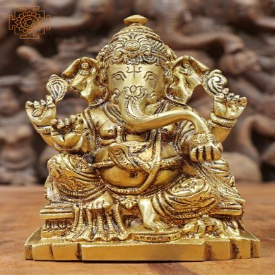 3" Ganesha Seated on Throne - Small Statue in Brass | Handmade | Made in India - Brass Statue