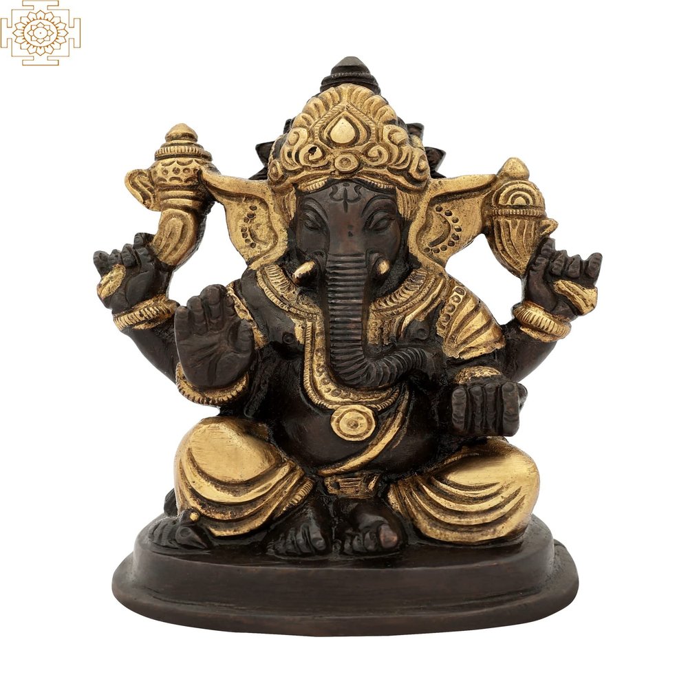 4" Small Ganesha in Brass | Handmade | Made in India - Brass Statue - Color Brown Gold