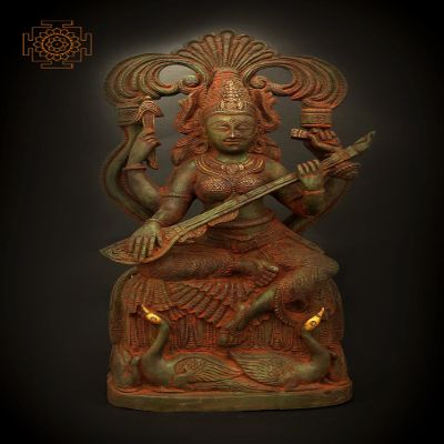 7" Veenadhari Devi Saraswati with Two Swans at Her Feet in Brass | Handmade | Made in India - Brass