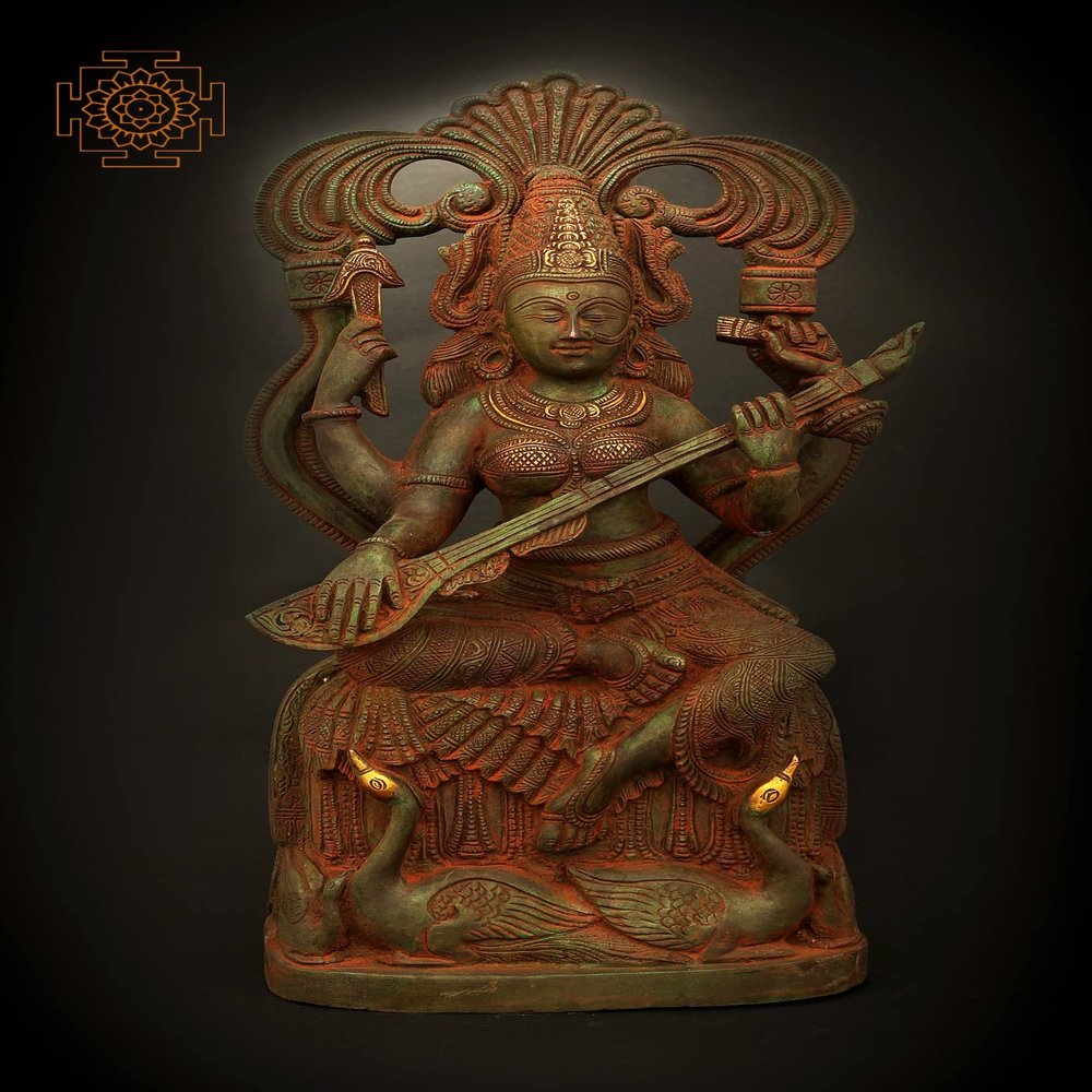 7" Veenadhari Devi Saraswati with Two Swans at Her Feet in Brass | Handmade | Made in India - Brass