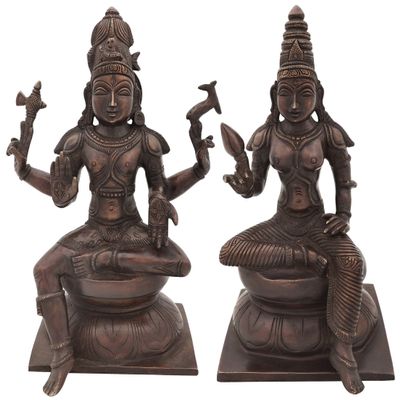 11" Lord Shiva as Pashupatinath with Goddess Parvati in Brass | Handmade | Made in India - Brass - Color Antique