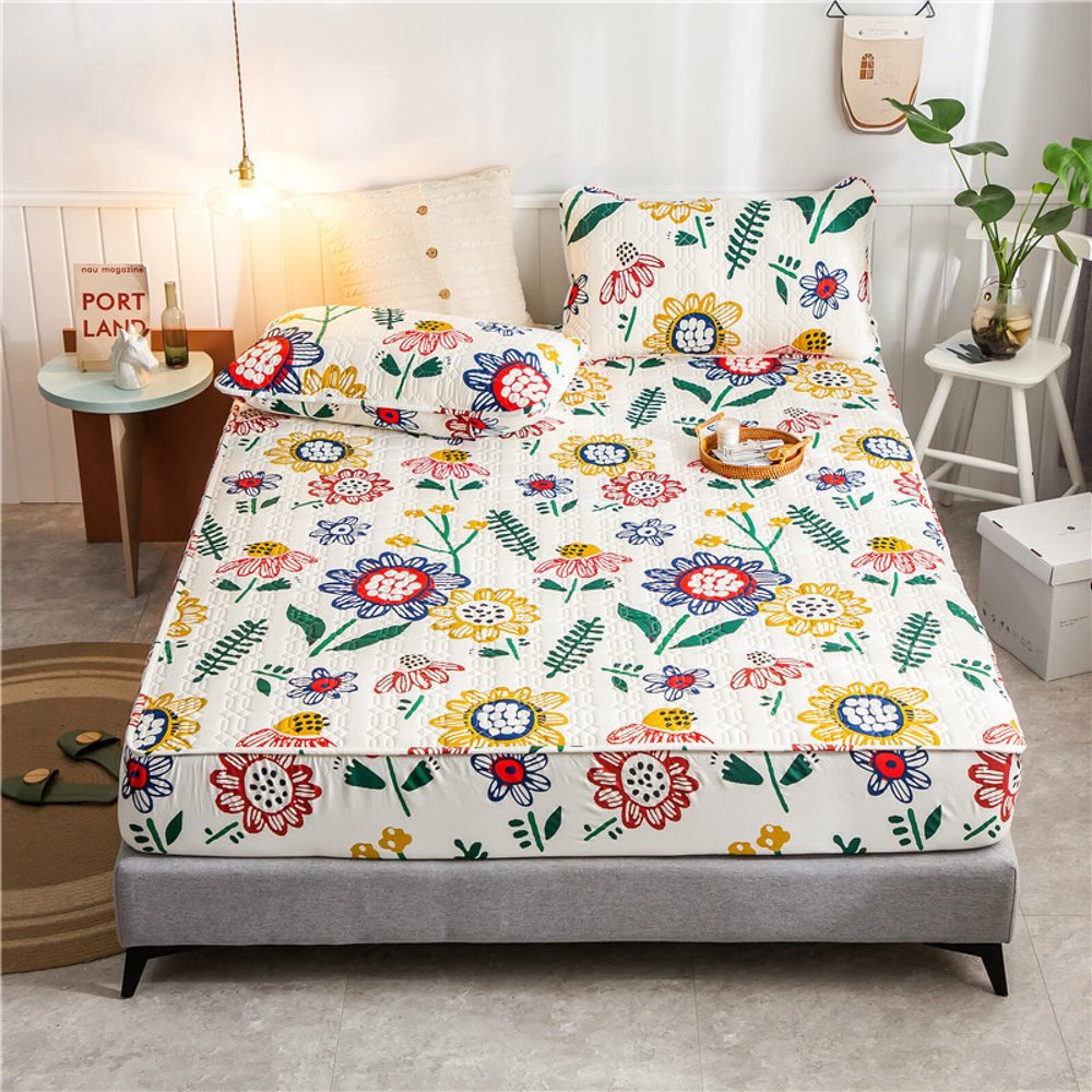 CFYCYHDZHT Bed Cover Room,Soft Quilted Waterproof Mattress Cover for Elderly Room, Cartoon Print for Boys Girls Bedroom Top Hat Linen Fitted Sheets,Flower 1,120200cm+30cm