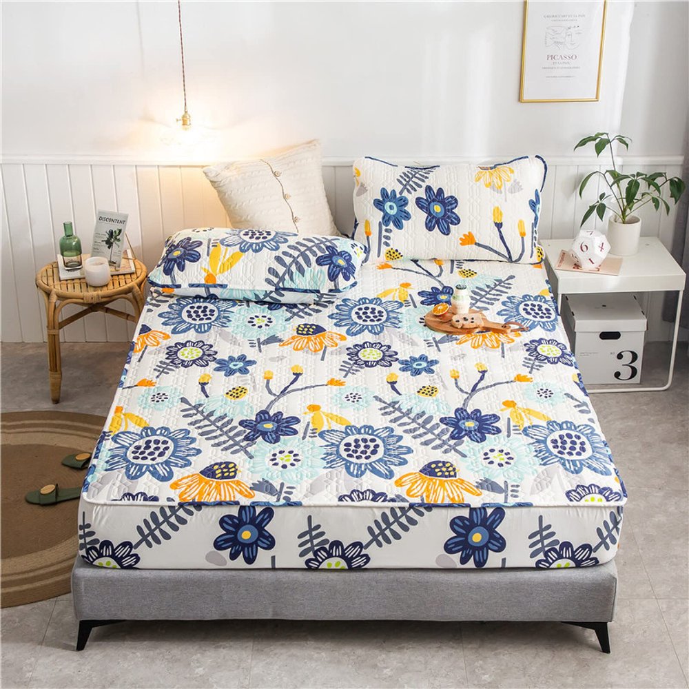 CFYCYHDZHT Bed Sheet Set Queen Size,Soft Quilted Waterproof Mattress Cover for Elderly Room, Cartoon Print for Boys Girls Bedroom Top Hat Linen Fitted Sheets,Flower,180200cm+30cm