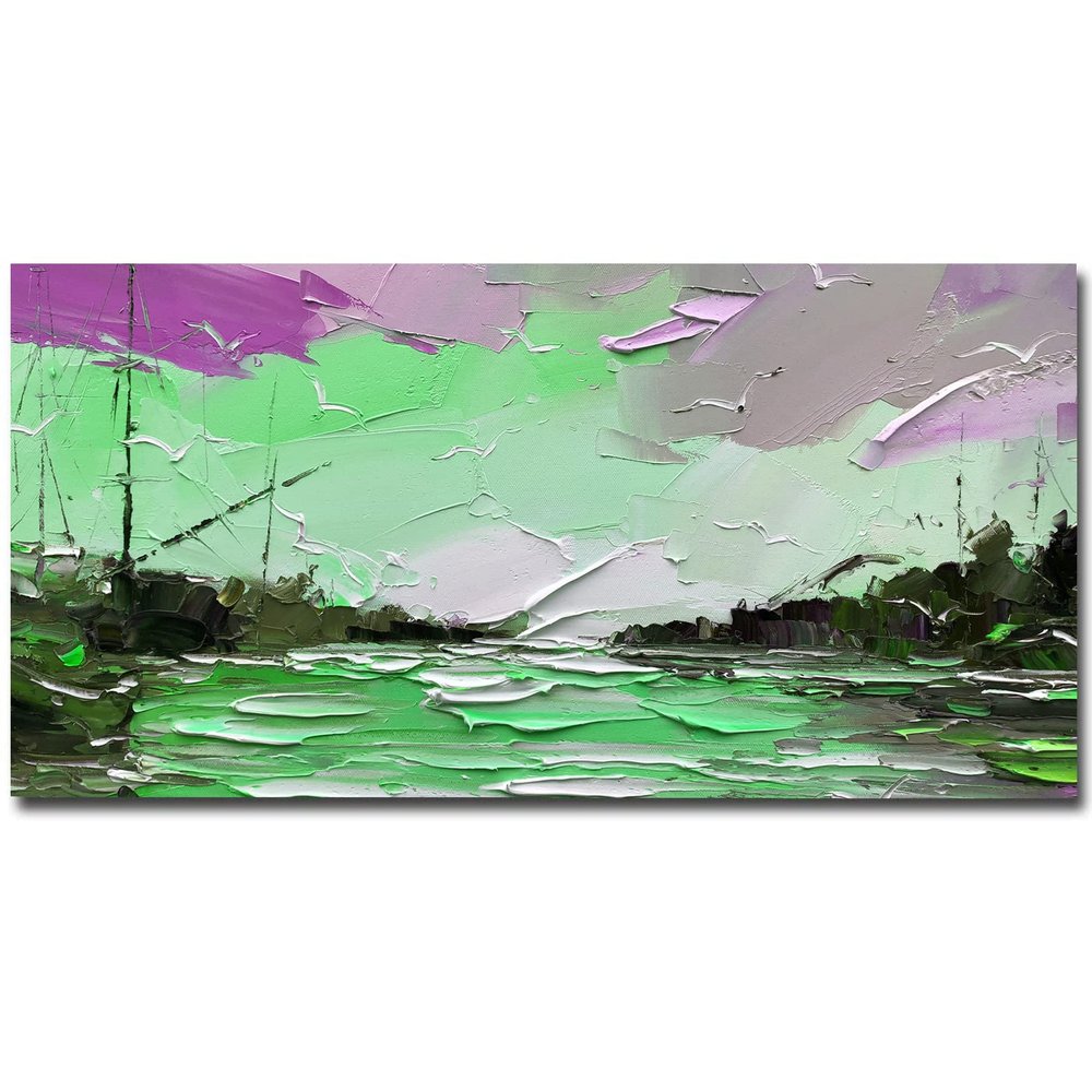 100% Hand-Painted Original Oil Painting Boat Decorations Beach Bathroom Decor Wall Art Christmas Decorations Abstract Large Landscape Acrylic Painting Gifts for Brother 96 by 48in Unframed