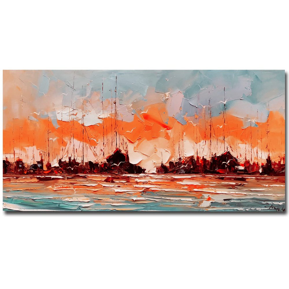 100% Hand-Painted Original Oil Painting Beach Bathroom Decor Wall Nautical Pictures for Wall Modern Farmhouse Decor Original Landscape Acrylic Painting Christmas Gifts for Women 64X32in Unframed