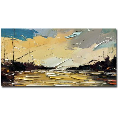 100% Hand-Painted Original Oil Painting Ocean Painting Wall Art Decor to Hang Over Bed Pictures for Bedroom Wall Decor Golden Paintings Gifts for Women Who Have Everything 60X30Inch Unframed