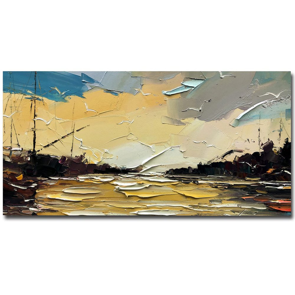 100% Hand-Painted Original Oil Painting Ocean Painting Wall Art Decor to Hang Over Bed Pictures for Bedroom Wall Decor Golden Paintings Gifts for Women Who Have Everything 60X30Inch Unframed
