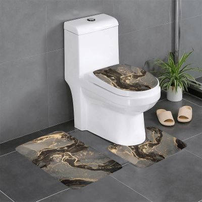 3 Piece Bath Mat Set Mixture of Black Gray and Gold Marble Pattern Bathroom Rug Non Slip Shower Rugs Extra Soft and Water Absorbent Floor Mats Toilet Contour Mat Lid Cover