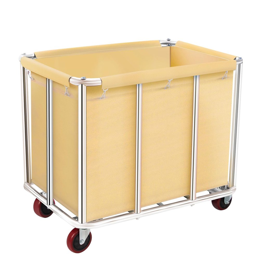 Commercial Laundry Cart with Wheels, 11.35 Bushels Large Roller with Removable Waterproof Canvas Lined Basket, Heavy Duty Stainless Steel for Hotels and Hospitals