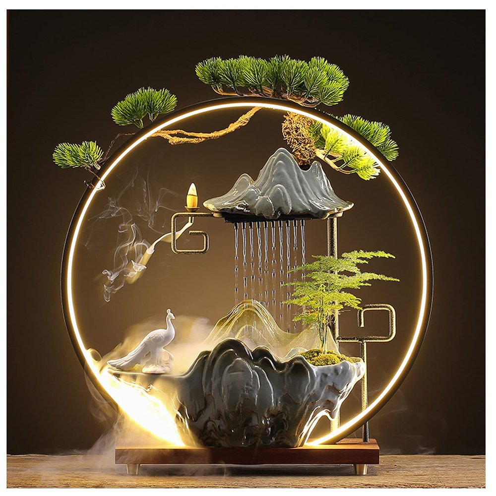 HSINYA Peacock Tabletop Water Fountains Indoor Waterfall with LED Light Zen Decor for Meditation with Mist Japanese Decor with Fake Plants Feng Shui Decoration for Good Luck Wealth