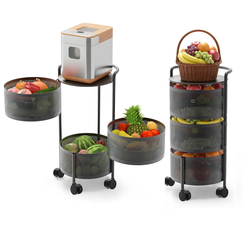 JAQ 3-Tier No Assembly Vegetable Storage Rack, Under Counter Rotating Fruit Basket with Wheels, Carbon Steel Kitchen Organizer for Potato Onion, Fruteros para Cocina, Black