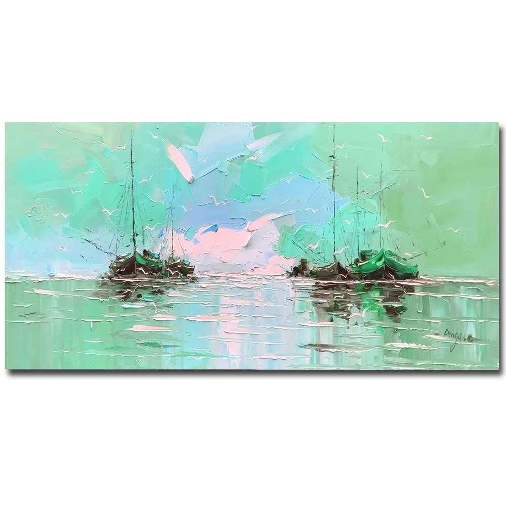100% Hand-Painted Original Oil Painting Nautical Party Decorations Seascape Paintings Decor Home Decor Abstract Large Landscape Acrylic Painting Men Christmas Gifts 96X48Inch Unframed