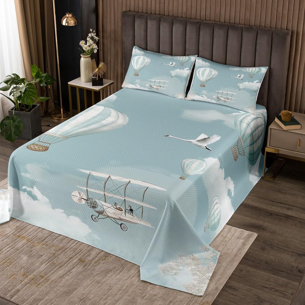 3 Piece Hot Air Balloon Quilt Bedding Set Women Aldult Lightweight Bedding Blue Sky Bedspread Set 3D Birds Printed Bedspread Coverlet Soft Microfiber Home Quilt Set for King Bed All Season