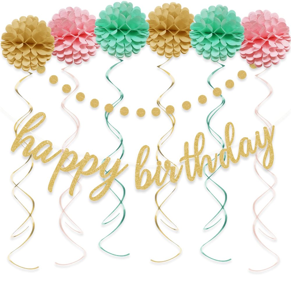 Aonor Pink and Gold Happy Birthday Decorations - Gold Happy Birthday Banner Sign, Pom Poms Flowers, Glittery Circle Dots Garland and Hanging Swirls for Girls Women Birthday Party Decorations