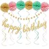 Aonor Pink and Gold Happy Birthday Decorations - Gold Happy Birthday Banner Sign, Pom Poms Flowers, Glittery Circle Dots Garland and Hanging Swirls for Girls Women Birthday Party Decorations view 1