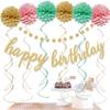 Aonor Pink and Gold Happy Birthday Decorations - Gold Happy Birthday Banner Sign, Pom Poms Flowers, Glittery Circle Dots Garland and Hanging Swirls for Girls Women Birthday Party Decorations view 4